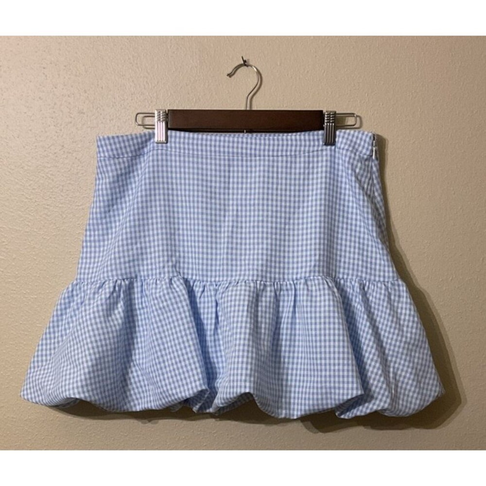 ASTR The Label Sky-Blue & White Gingham Bubble Hem Mini Skirt Size: L Cottage